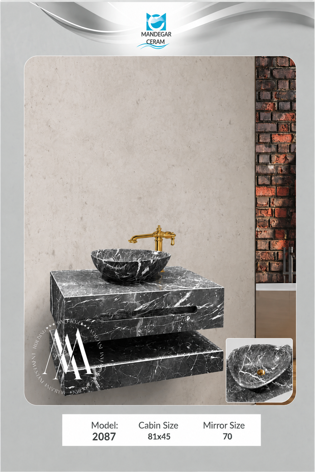 فول ست کابینت دستشویی ماندگار سرام کد 2087 (مشکی رگه سفید) بدون آینه و کابین